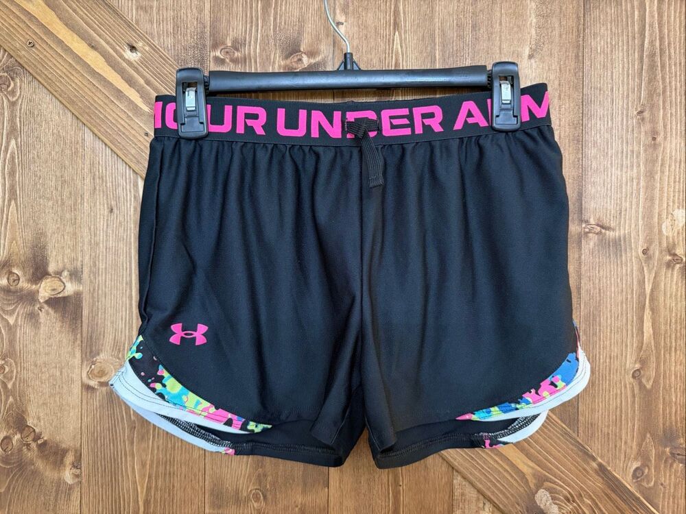 Under Armour Girls Youth Large HeatGear Running Shorts Black Pink 2.5” Inseam (9